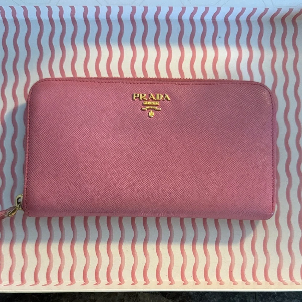 Prada Pink Saffiano Zip Wallet with Gold Logo